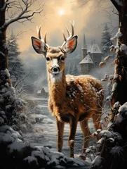 Tuinposter Cute deer Christmas winter village setting generatieve ai © Femke