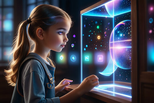 A young girl interacting with a holographic AI tutor