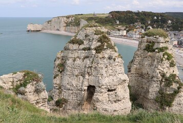 view of the chalk cliffs in Etretat, France 
