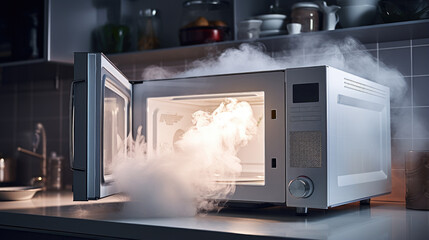 A broken microwave. A problem with household appliances. Repair. - obrazy, fototapety, plakaty
