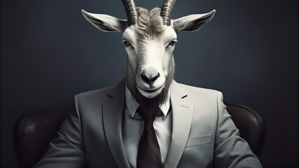 A goat in the form of a businessman sitting in an office chair. 