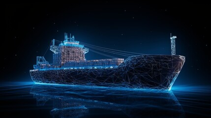 Polygonal 3d cargo ship in dark blue background. Online cargo delivery service, logistics or tracking app concept. Abstract vector illustration of online freight delivery service.