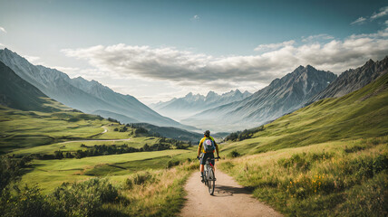 hiker riding in the mountains - obrazy, fototapety, plakaty