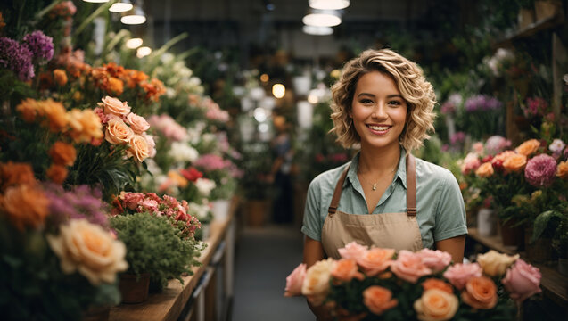 A smiling female florist among flowers and plants in his flower shop