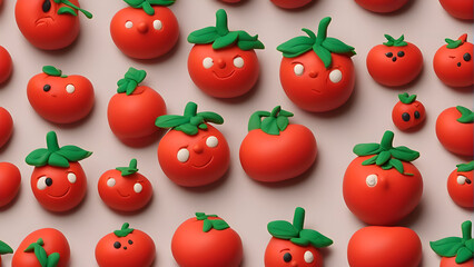 Creative food pattern made of tomatoes with funny faces on white background. 3d render illustration