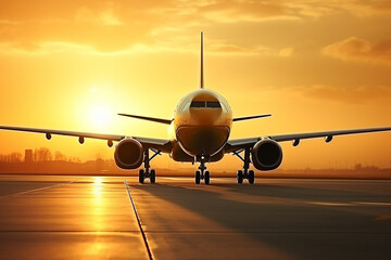 Airplane on the runway at sunset. Travel concept.