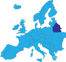 Dark blue CMYK national map of BELARUS inside simplified blue blank political map of European continent on transparent background using Peters projection