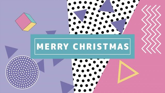Merry Christmas with Memphis abstract geometric shapes, motion holidays and winter style background for New Year and Merry Christmas