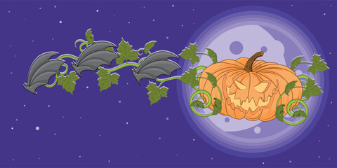Halloween design. A pumpkin-shaped carriage drawn by bats against the backdrop of the moon. Color illustration.