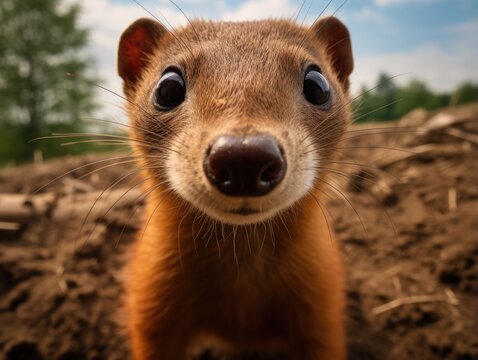 Close-up portrait of a least weasel. Detailed image of the muzzle. A wild animal is looking at something. Illustration with distorted fisheye effect. Design for cover, card, postcard, decor or print.