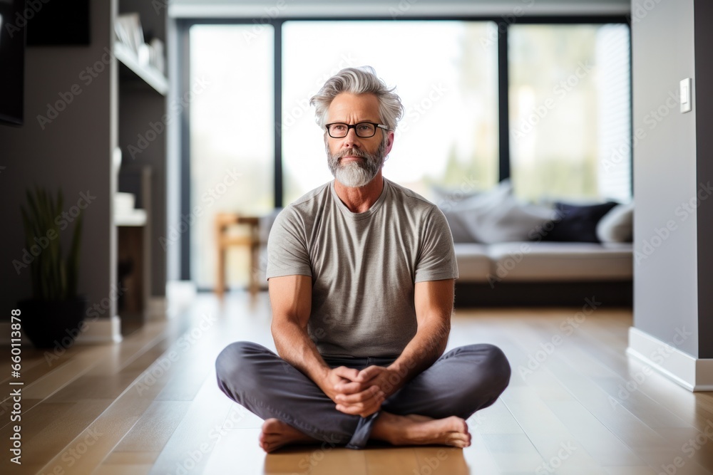 Poster a man in glasses sits down and makes eye contact with the camera while meditating in his home