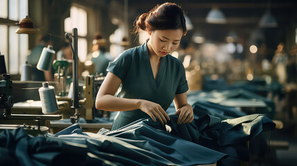 Asian young woman seamstress sewing clothes in a weaving factory. Clothing production in Asian countries, sewing machine, apparel industry.  - obrazy, fototapety, plakaty
