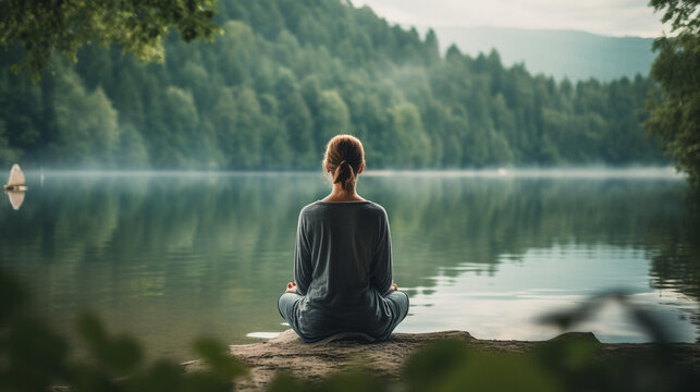 A tranquil lakeside scene with a spiritual guide facilitating a meditation retreat by the water, spiritual guide, mental health, blurred background