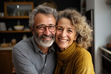  an older couple embracing in a kitchen