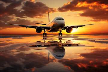 Fototapeta na wymiar Airplane on the runway at sunset. Travel concept.