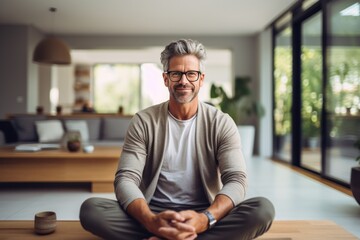 a man in glasses sits down and makes eye contact with the camera while meditating in his home - obrazy, fototapety, plakaty