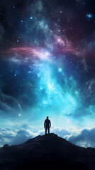 Obraz na płótnie Canvas Cinematic Splendor: AI-Created Background - The Majestic Stellar Nebula in Sapphire and Amber