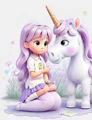 Cute little girl and unicorn. AI generated.