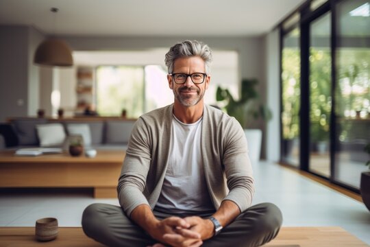 a man in glasses sits down and makes eye contact with the camera while meditating in his home