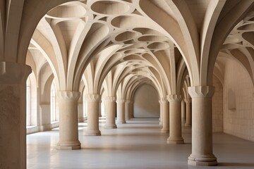 arches of a church hallway or old monastery building. Corridor location for fashion photoshoot.