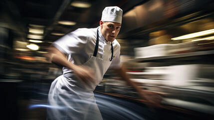 Chef’s toque blanche hat, professional kitchen environment, action shot of the chef in motion,...