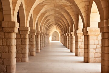 symmetrical arches hallway of an old building made of sandstone background