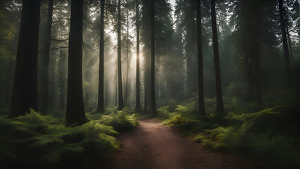 Foggy forest trail in the morning light. 3D render