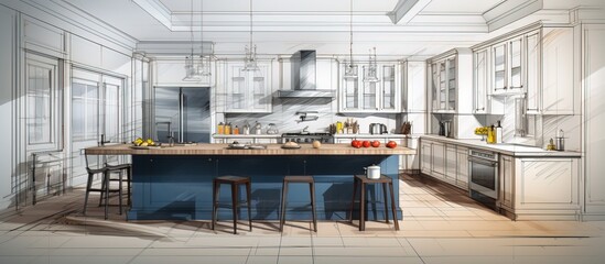 sketch of classic style kitchen with modern appliances wire frame perspective