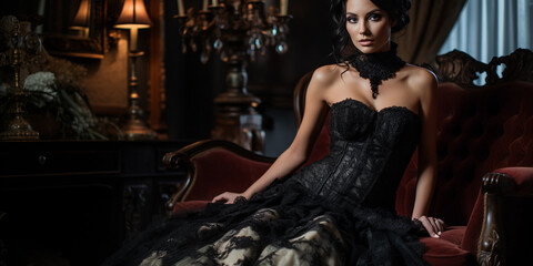 Gothic - inspired bridal gown, black lace and corset, in a dimly lit Victorian parlor with velvet drapes and candelabras