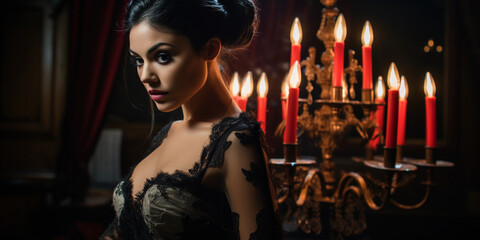 Gothic - inspired bridal gown, black lace and corset, in a dimly lit Victorian parlor with velvet drapes and candelabras