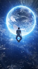 Fototapeta premium Man floating in space above big blue white globe Ai generated art