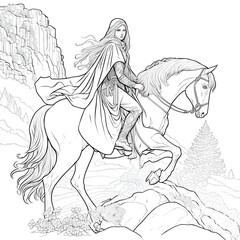 Fototapeta na wymiar an female elf in a hooded cloak she is riding a powerful white horse the horse has a leather saddle and bridle with details and a blanket They are galloping down a steep path with cliffs and stones 