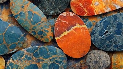 A closeup of a heap of beautiful smooth stones. Colorful gemstones Illustration for brochure, cover, poster, presentation, flyer or banner.