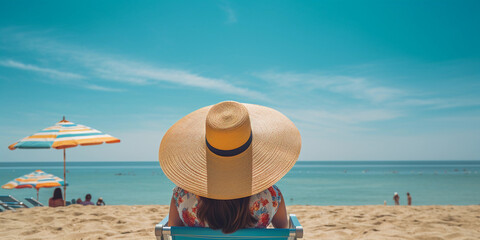 Fototapeta na wymiar Oversized sun hat, summer beach scene, woman wearing it is reading a book, beach umbrella in background, vibrant colors