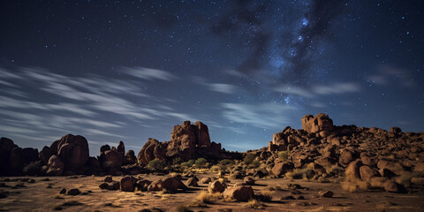 deserted desert park, intricate rock formations, cacti, the Milky Way in the night sky, long exposure