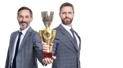 business success and reward. businessman in suit isolated on white. champion cup reward. successful leadership of business man. champion. businessman rewarded for success. perfect business team