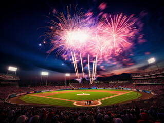 Naklejka na ściany i meble Baseball Stadium with Fireworks, A twilight view capturing fireworks over a packed baseball stadium after a winning game, full stands, vivid colors