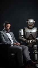 Robot and man sitting in chairs with briefcases