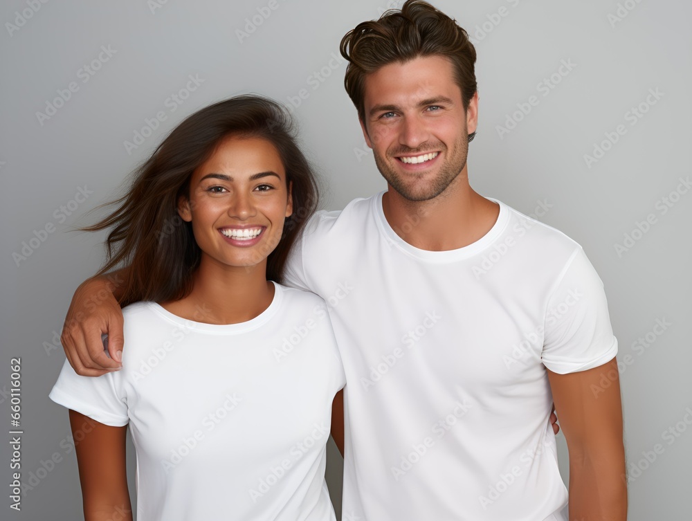 Wall mural Happy Smiling Mixed Couple Portrait. Isolated on a plain background. Generative AI.