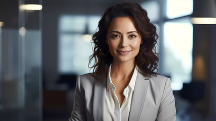 portrait of a confident beautiful CEO businesswoman, wearing formal clothes (suit and a shirt), smile and relaxing