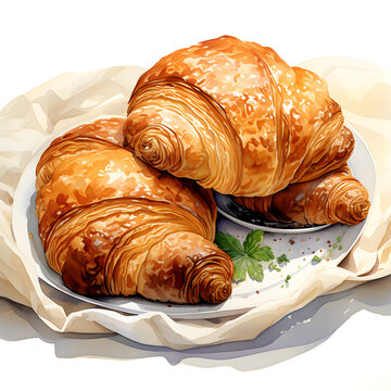 recommend clip art: Freshly baked croissants on a plate and decoration isolated on a transparent background, watercolor style, food stylish clip art isolated on a transparent background