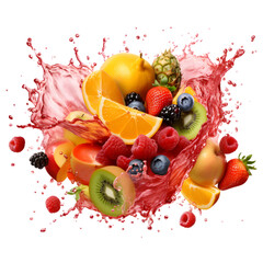 "Fruit burst, Splash of juice, Sweet tropical fruits and mixed forest berries, 3d realistic, 32k resolution, best quality, , clip art isolate on transparent background