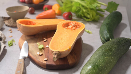 Autumn vegetables arranged on a kitchen worktop