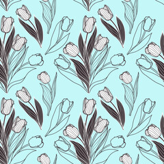 Vector seamless pattern with tulip flowers. Spring floral background, wallpaper