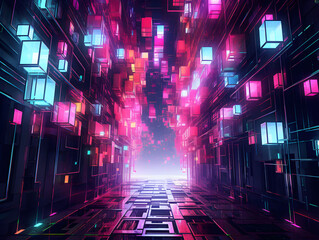 Fragmented geometries pulsate neon hues in cyber abstract