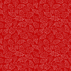 Floral vector seamless pattern with oak leaf white outlines on red background.