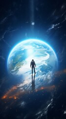Man floating in space above big blue white globe Ai generated art