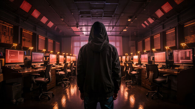 Cybersecurity concept. A hacker standing in a room of computers. Base of operations. Corporate espionage. Organized cyber crime. Network security.