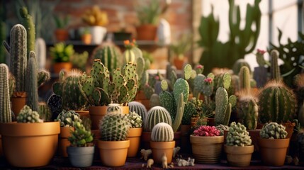 Many cactus sitting lot pots table beautiful image Ai generated art