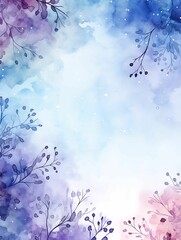 Fototapeta na wymiar Watercolor Blue Purple Background with floral border, Abstract vignette watercolor background, Magical fantasy splatter background, wedding invitation card background